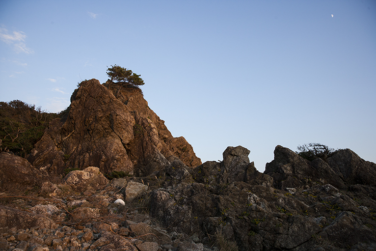 中岡慎太郎像の前には乱礁遊歩道があり、ゴツゴツとした岩群が広がる。夕日に照らされてきれい。